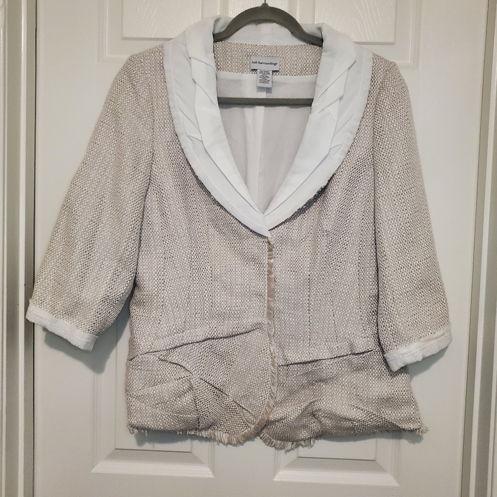 Soft Surroundings Beige Tweed Blazer Linen Blend Sz L